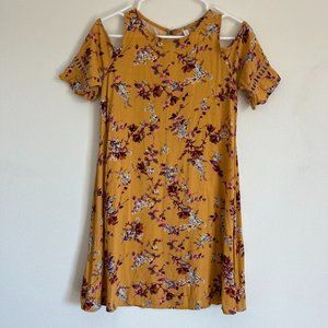 Women's Xhiliration Mustard Yellow Floral Cold Shoulder Short Dress Size XS